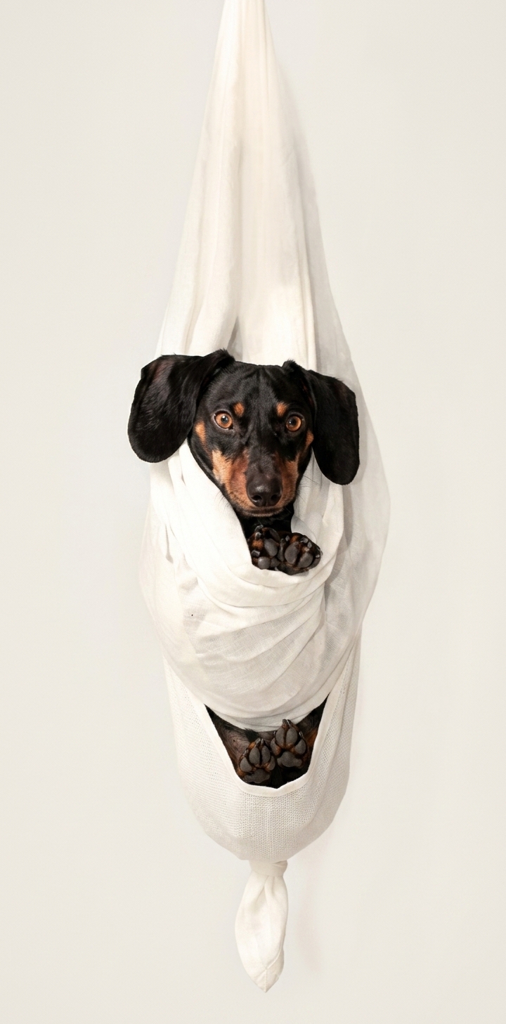 A calm dog tucked into a soft hanging sling, used as the playful hero image for Tickster Pet Scan